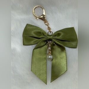 Elegant Olive Green Bow Keychain with Pearl Accent- Bag Charm